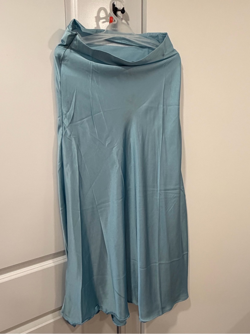 Light Blue Satin Midi Skirt - Women's Elegant Slip Style